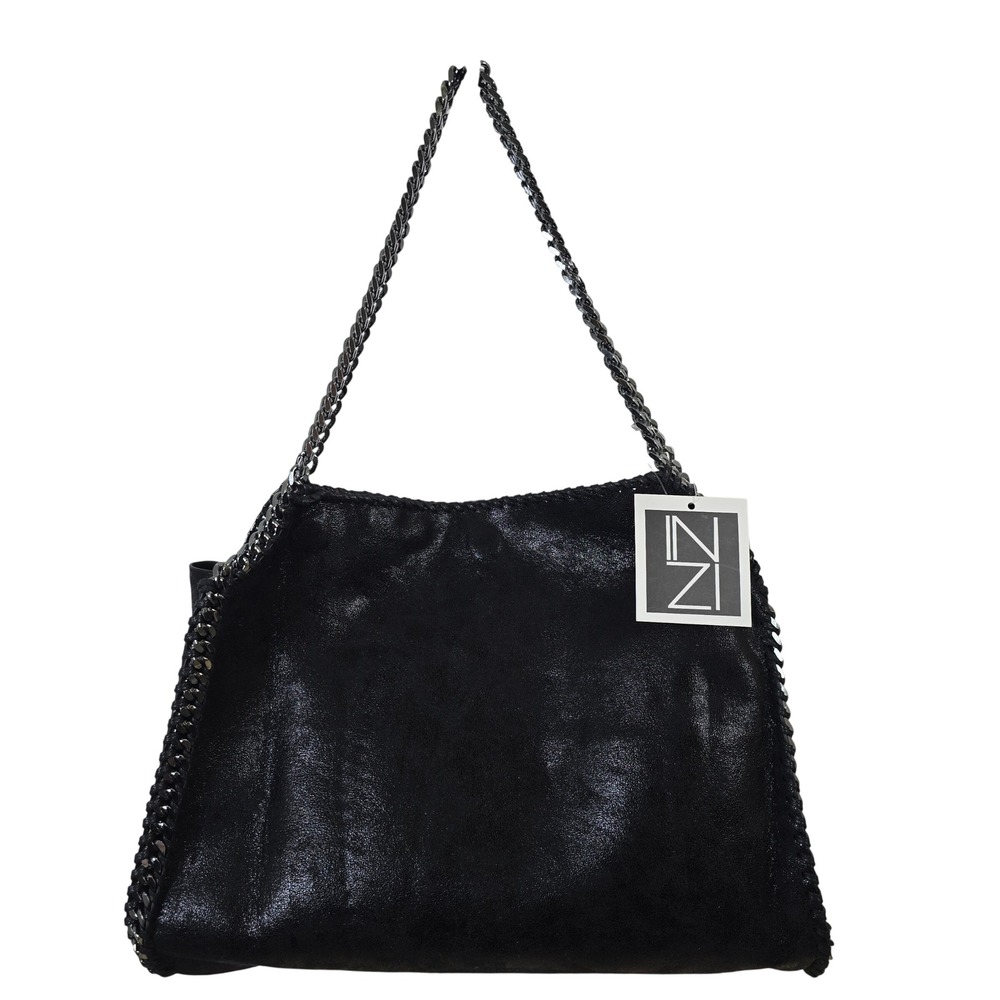 INZI Black Metallic Shimmer Chain Trim Tote Shoulder Bag NWT Gunmetal Hardware